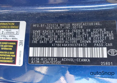 2009 Toyota Camry Le z USA, uszkodzony, nr VIN 4T1BE46KX9U378452